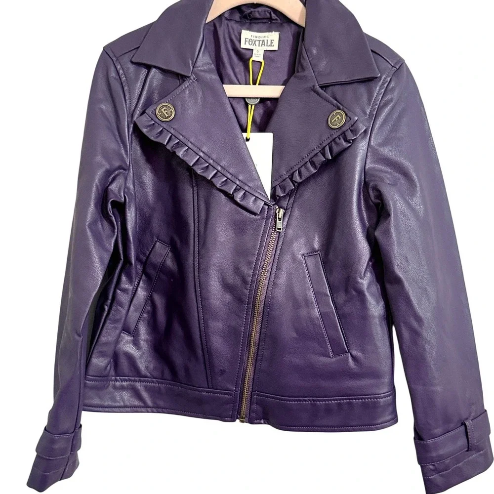 Finding Foxtale Girls Purple Faux Leather Ruffle Moto Jacket Size 6‎